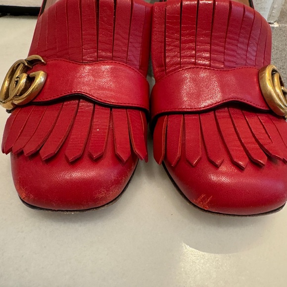 Gucci Marmot Mid-Heel Fringe Loafers in Red - Picture 5 of 14